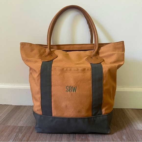L.L. Bean Handbags - L.L. Bean Boat and Tote Canvas Bag Brown Green Leather tan olive